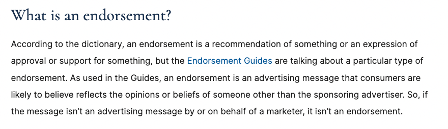 definition of endorsement according to the FTC