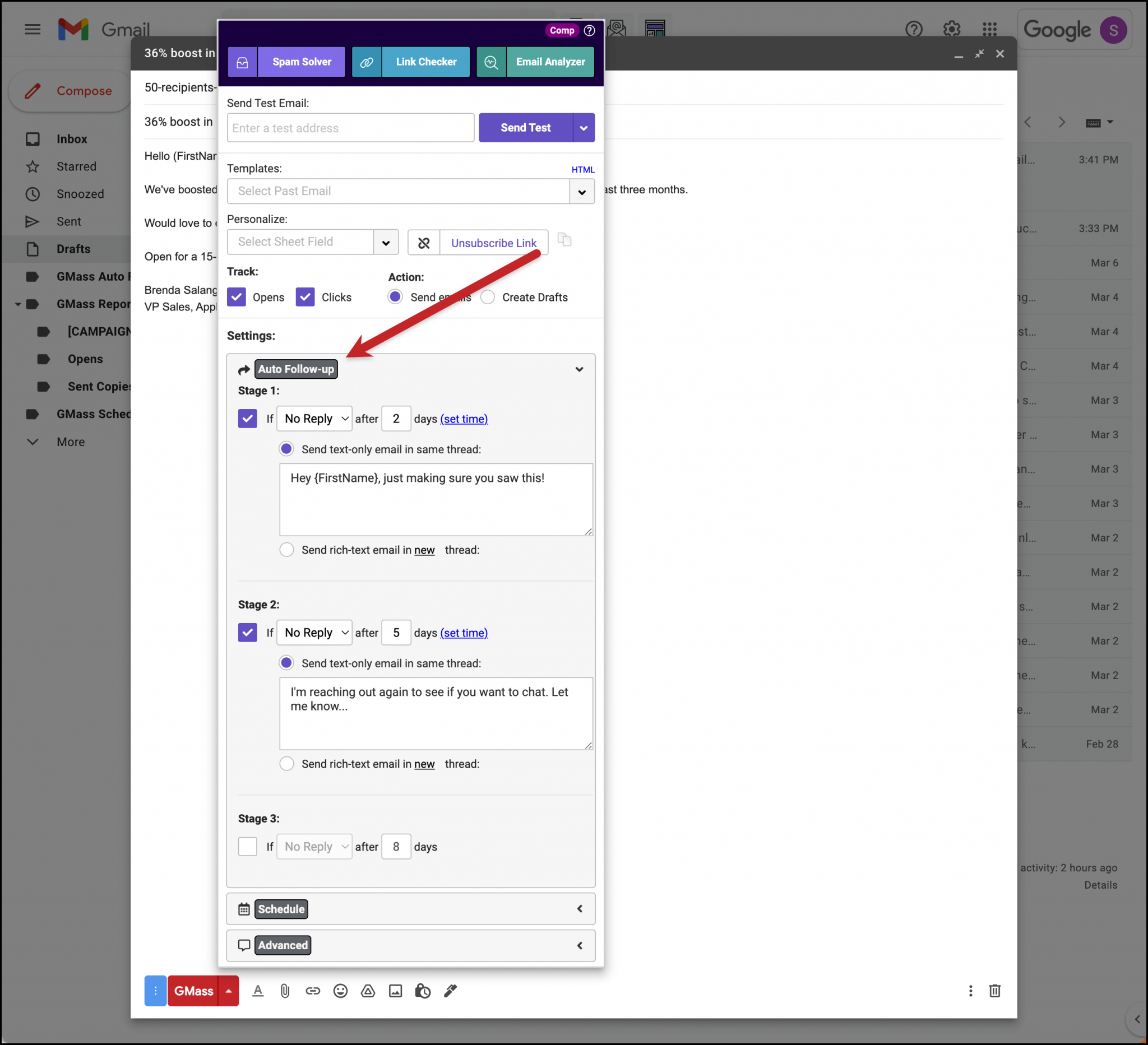 Gmass review - automatic followups