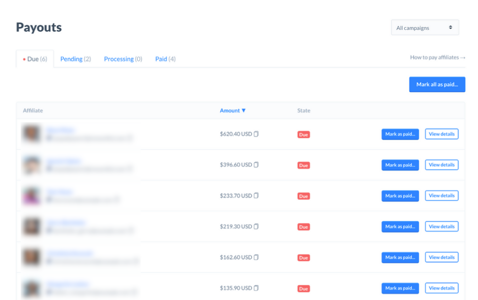 Rewardful affiliate payment options review