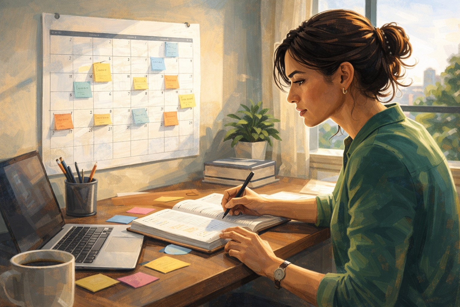 A woman in a home office reviewing a calendar and making notes with a pen, looking focused and engaged