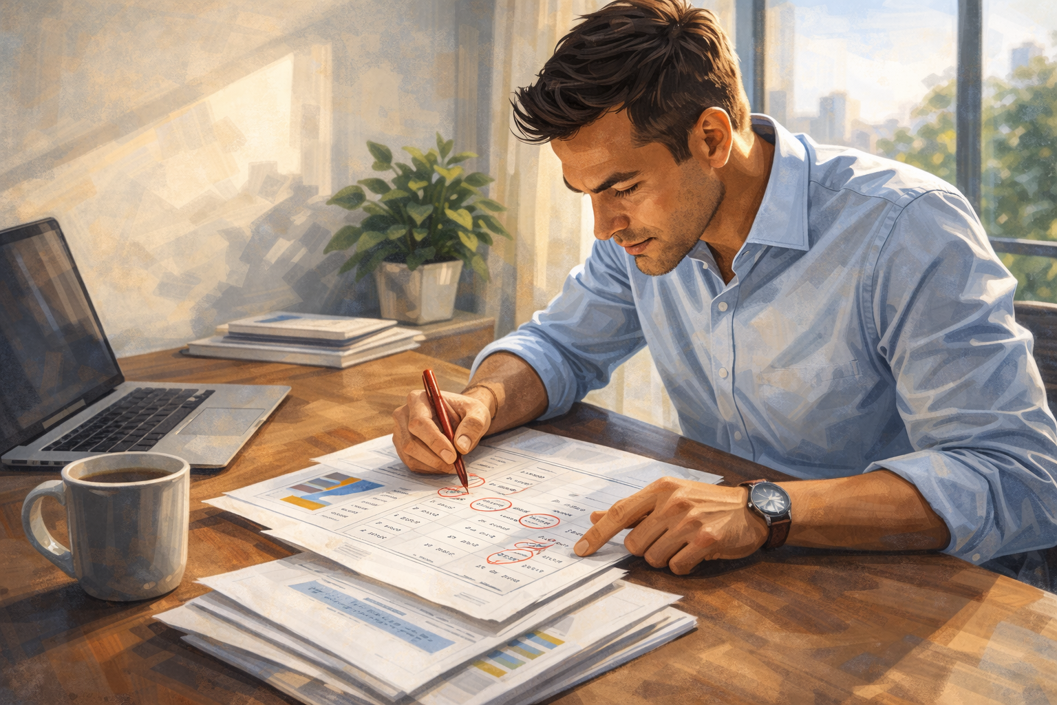 A marketing manager reviewing printed reports at a clean desk, circling numbers with a red pen in a quiet home office