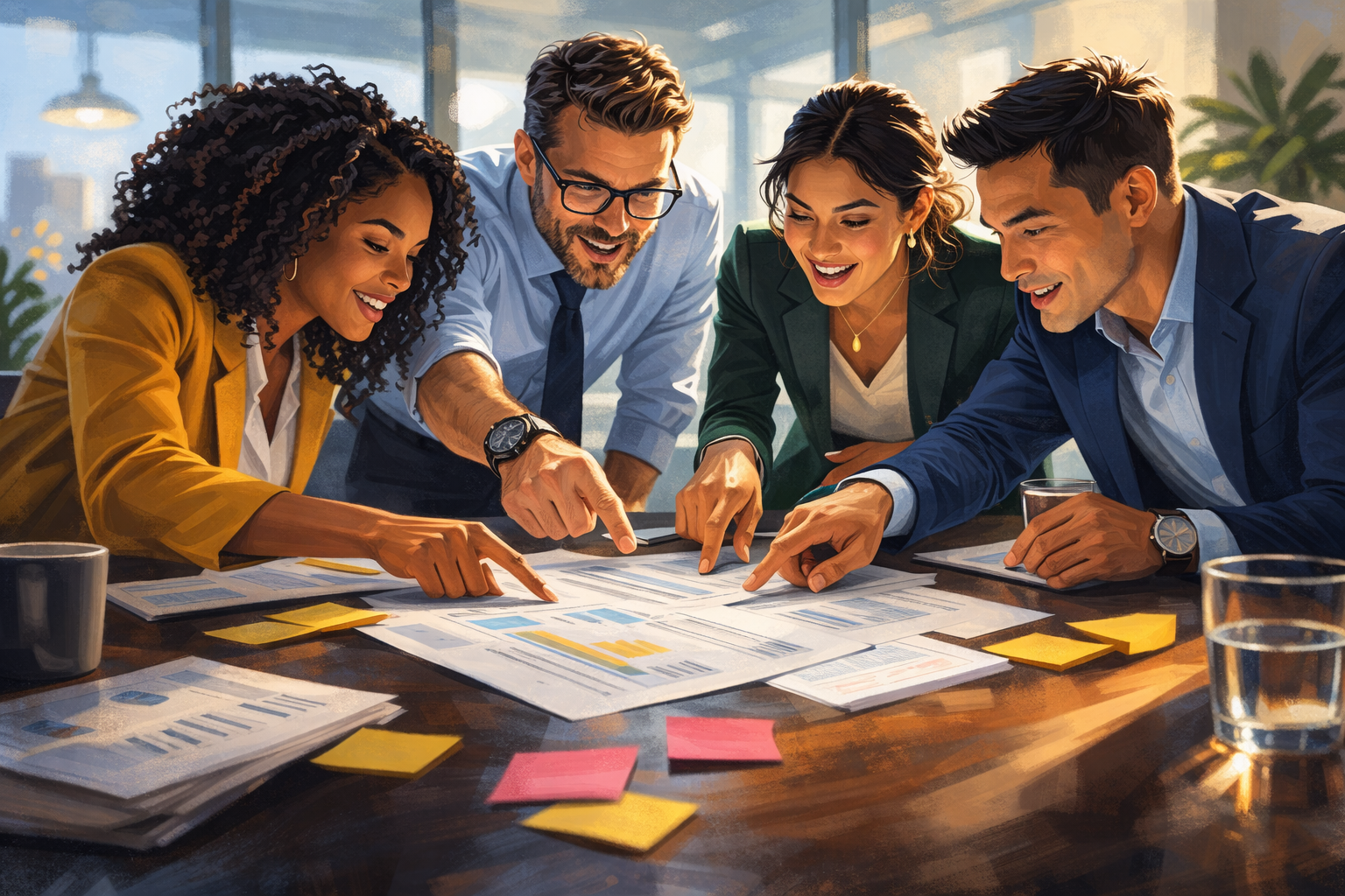 A conference table with several business people excitedly reviewing printed charts and handwritten notes about a tiered rewards program