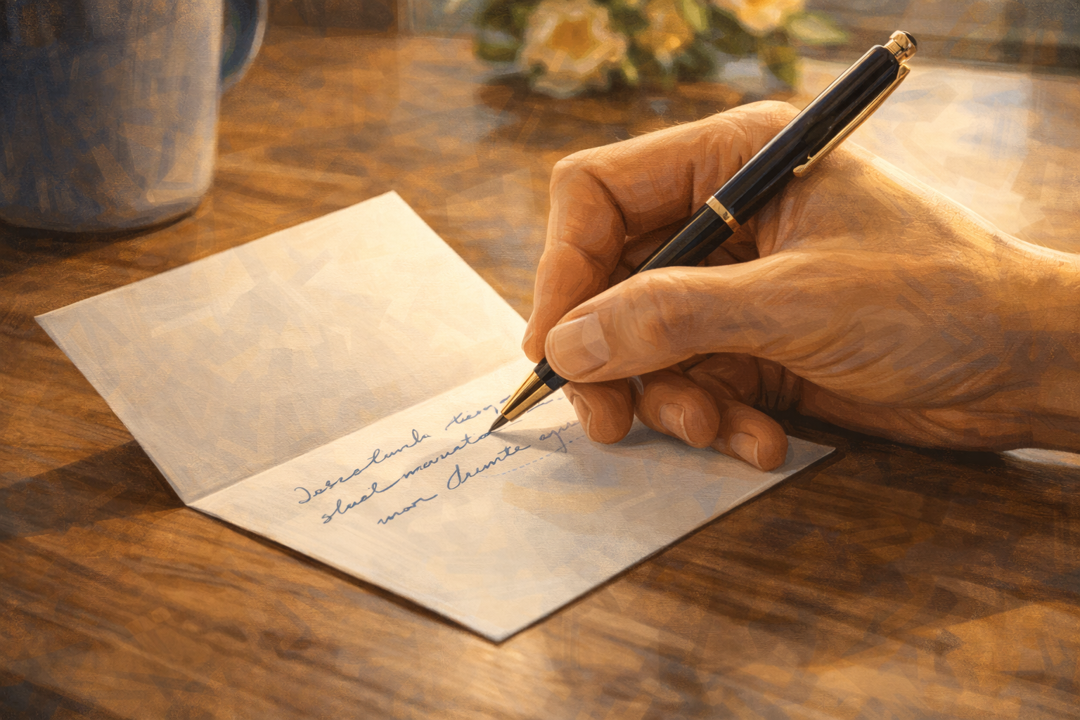 Person sending a personal message on a computer, thoughtful expression, warm lighting