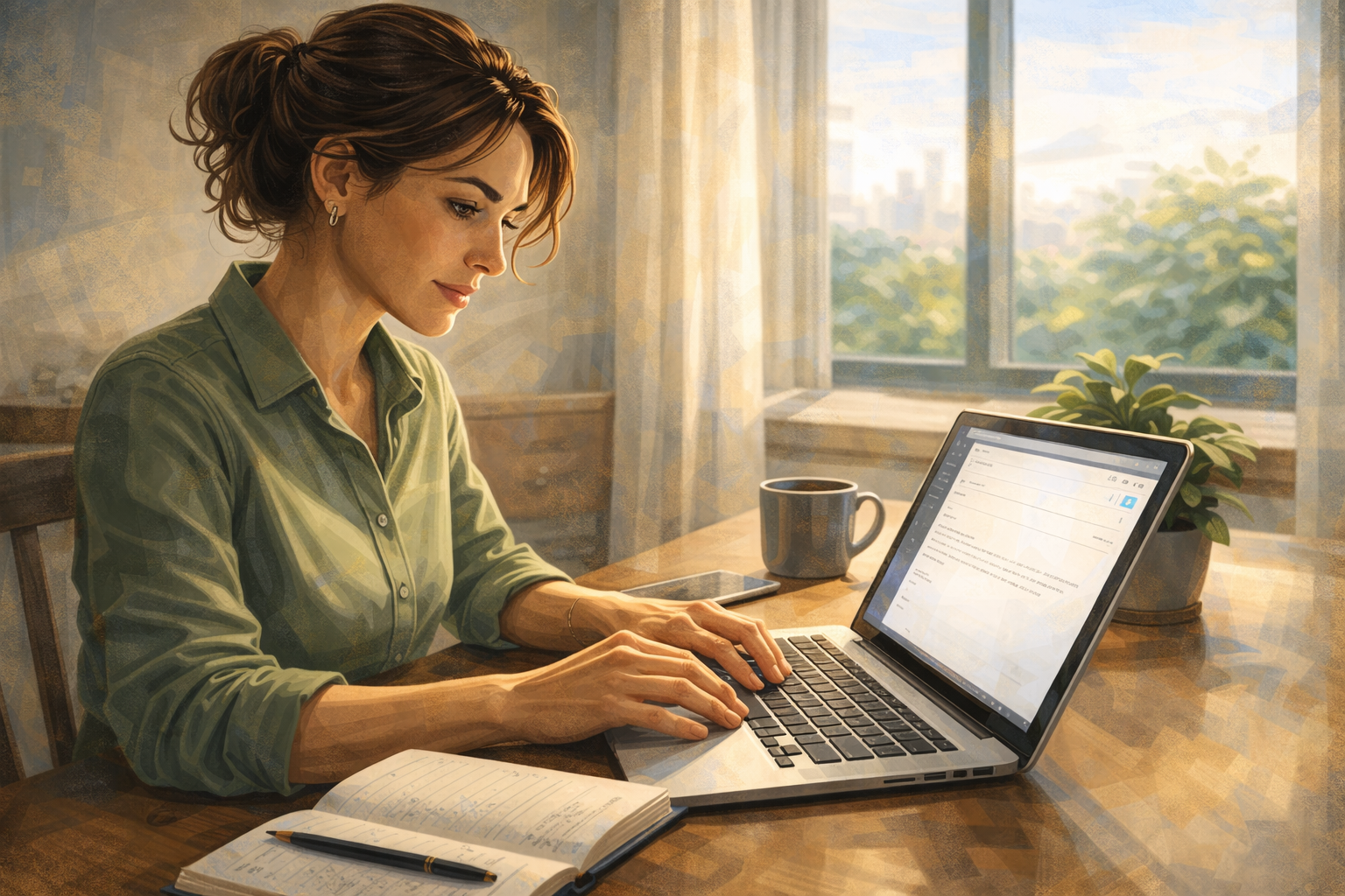 Person reviewing a to-do list in a notebook at a tidy desk, focused and calm