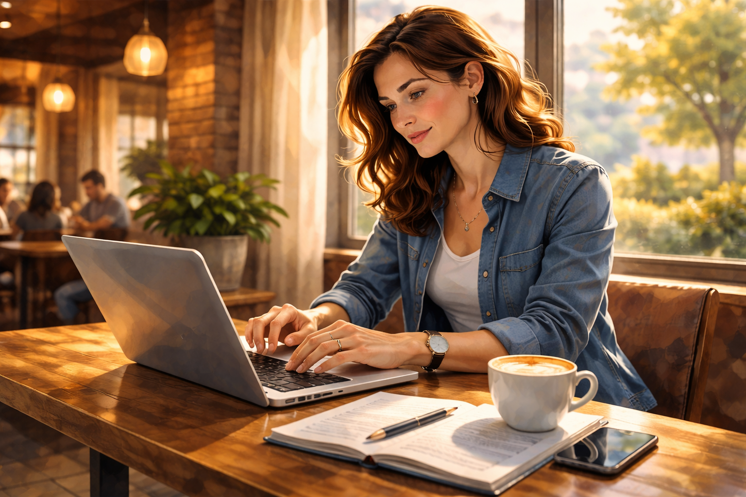 Person typing on a laptop at a coffee shop window, warm lighting, focused expression