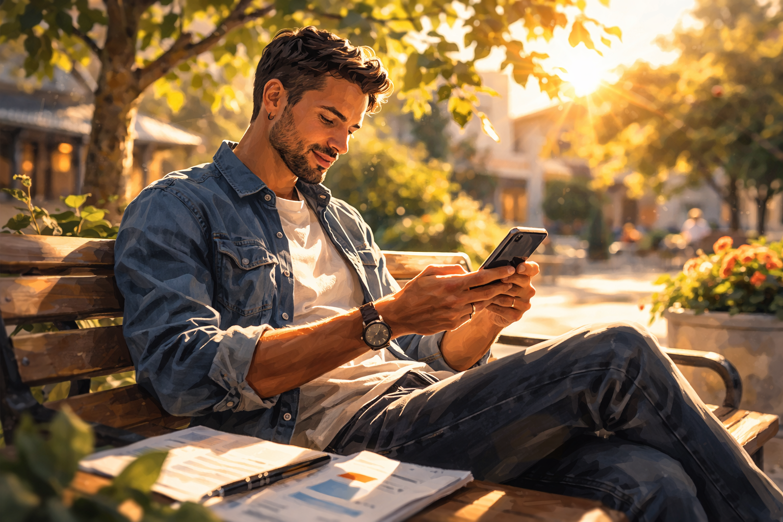Person holding a phone and scrolling through email on a sunny outdoor bench