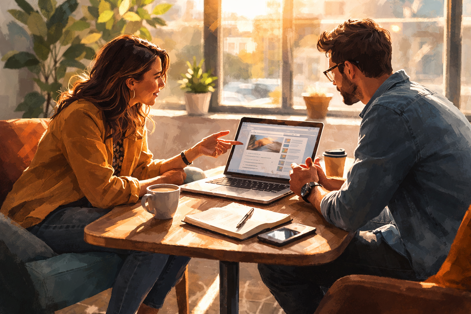Two people in conversation at a coffee table reviewing program data on a laptop