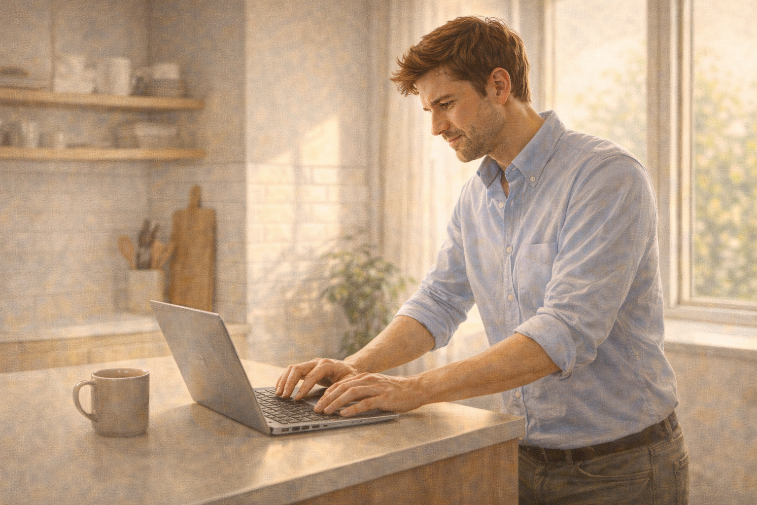 Person typing on a laptop at a kitchen counter, warm morning light, relaxed but focused body language