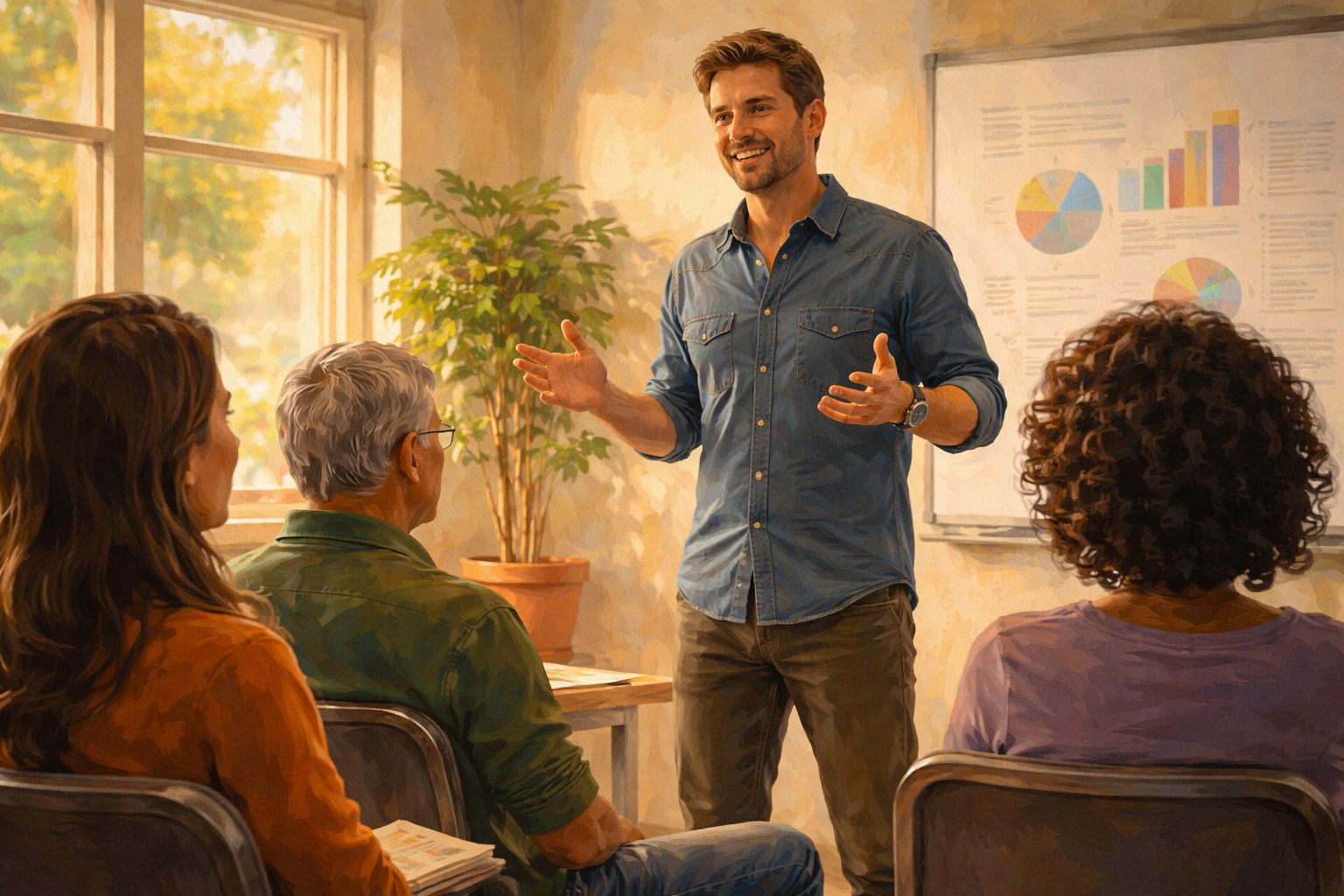 Person presenting to a small group in a bright community room, audience engaged and listening, afternoon light coming through large windows