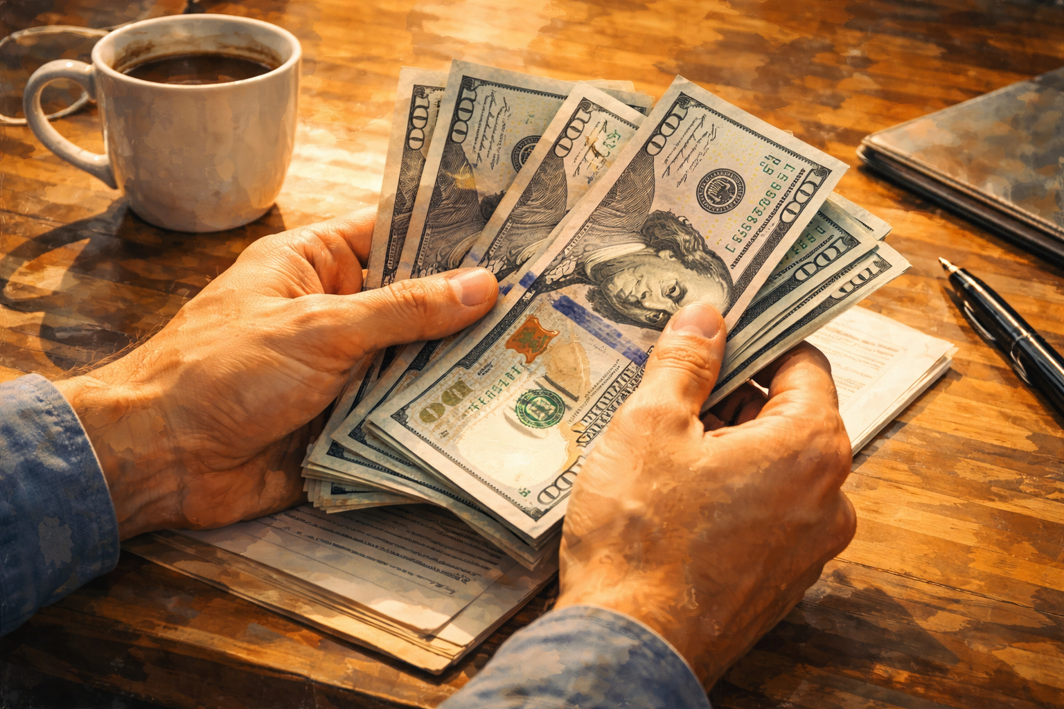 Close-up of hands counting currency notes on a wooden desk