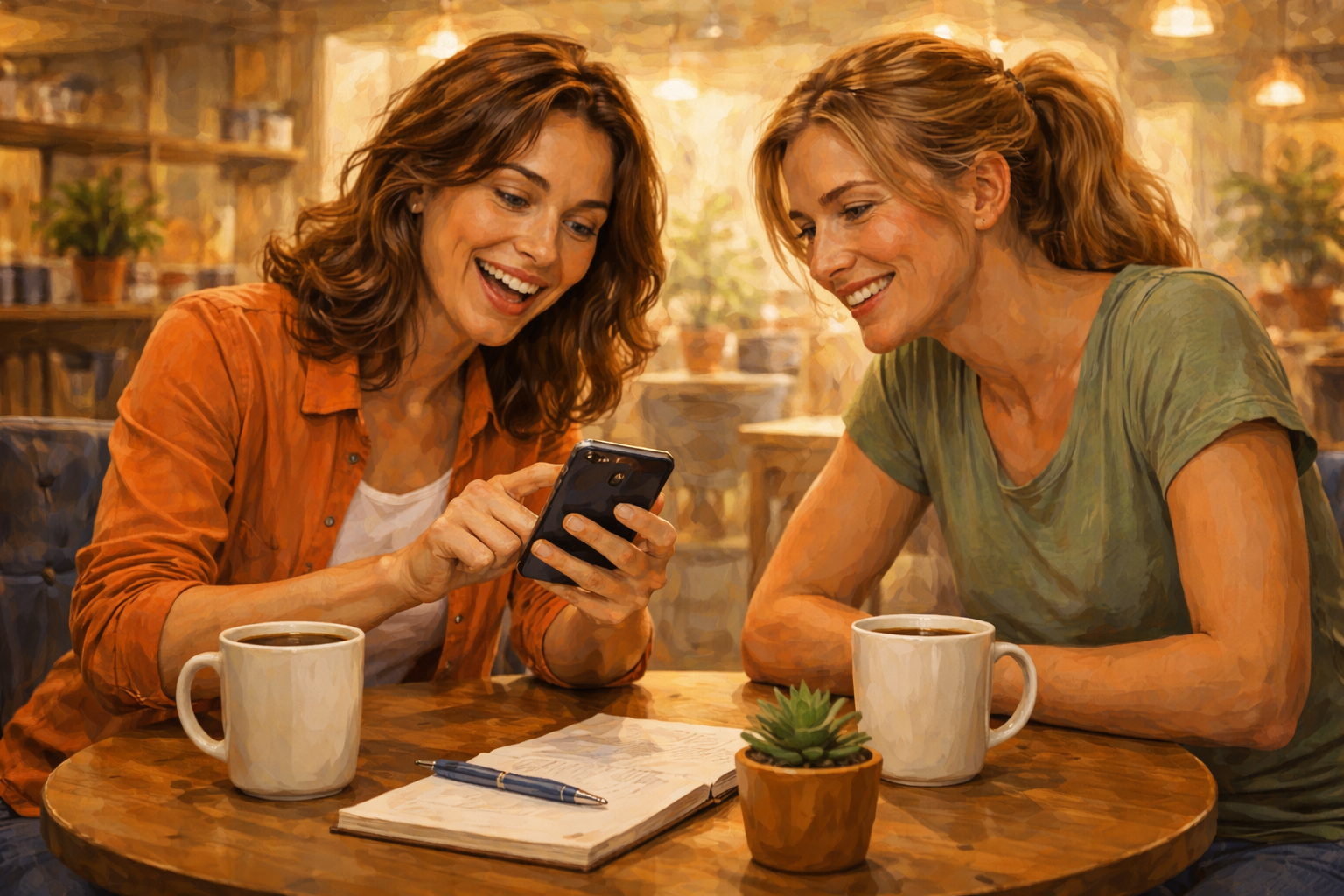 Two people sitting across from each other at a coffee shop, one excitedly showing something on their phone screen to the other