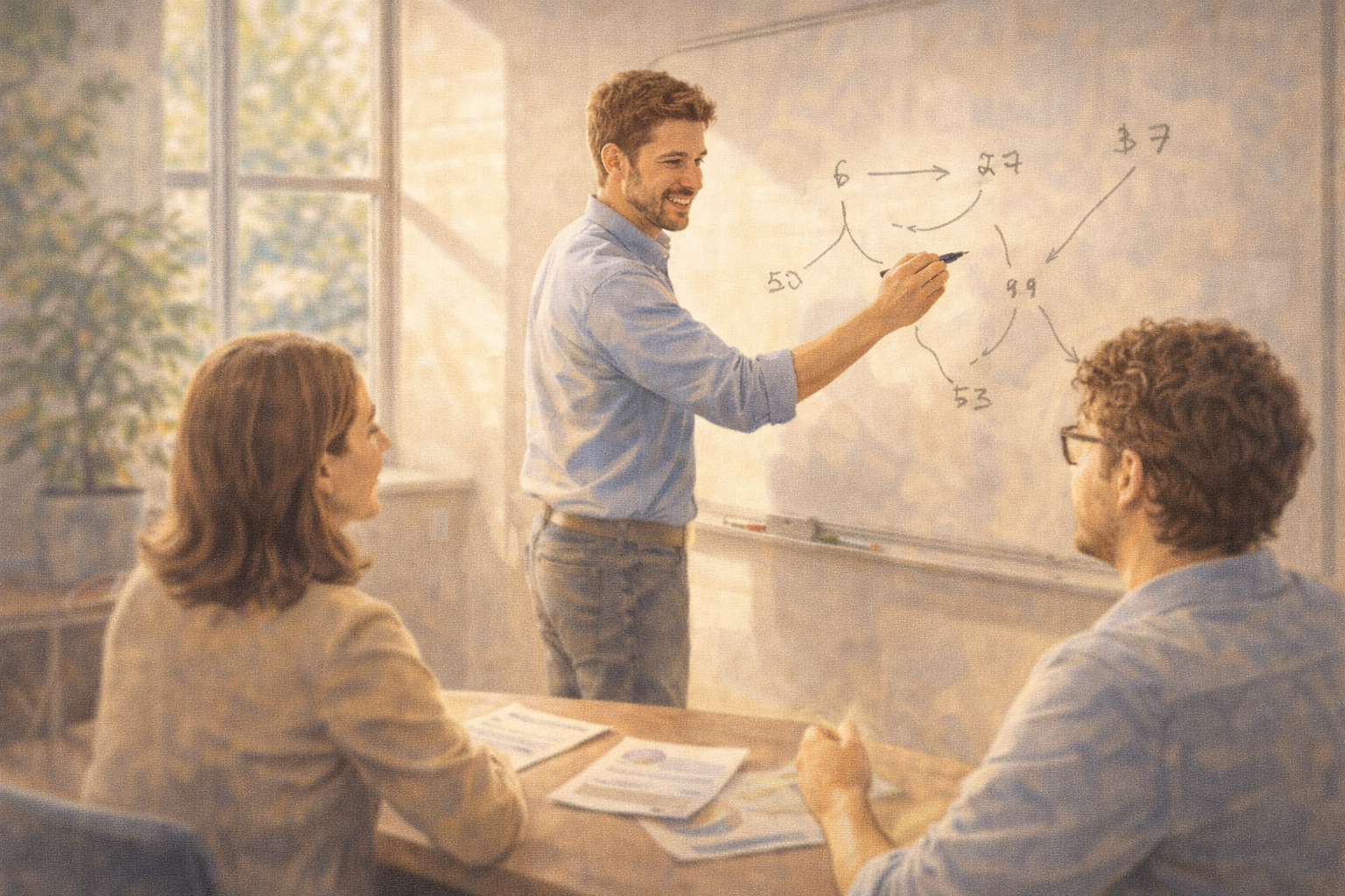 Business owner at a whiteboard planning commission percentages with a small team