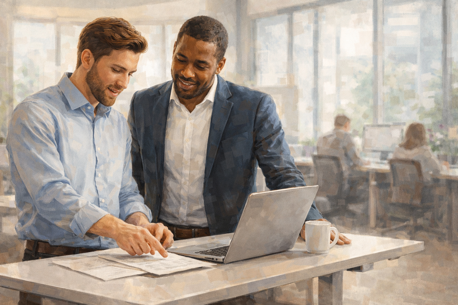 Two professionals in conversation at a standing desk, one pointing at a document while the other listens