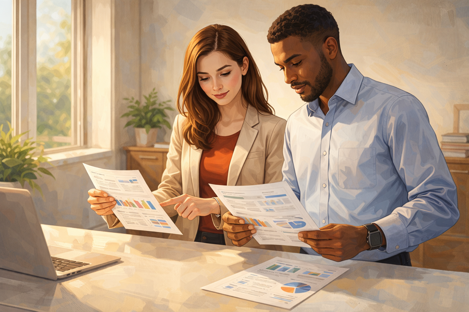 Two colleagues comparing printed commission structure documents at a bright office table