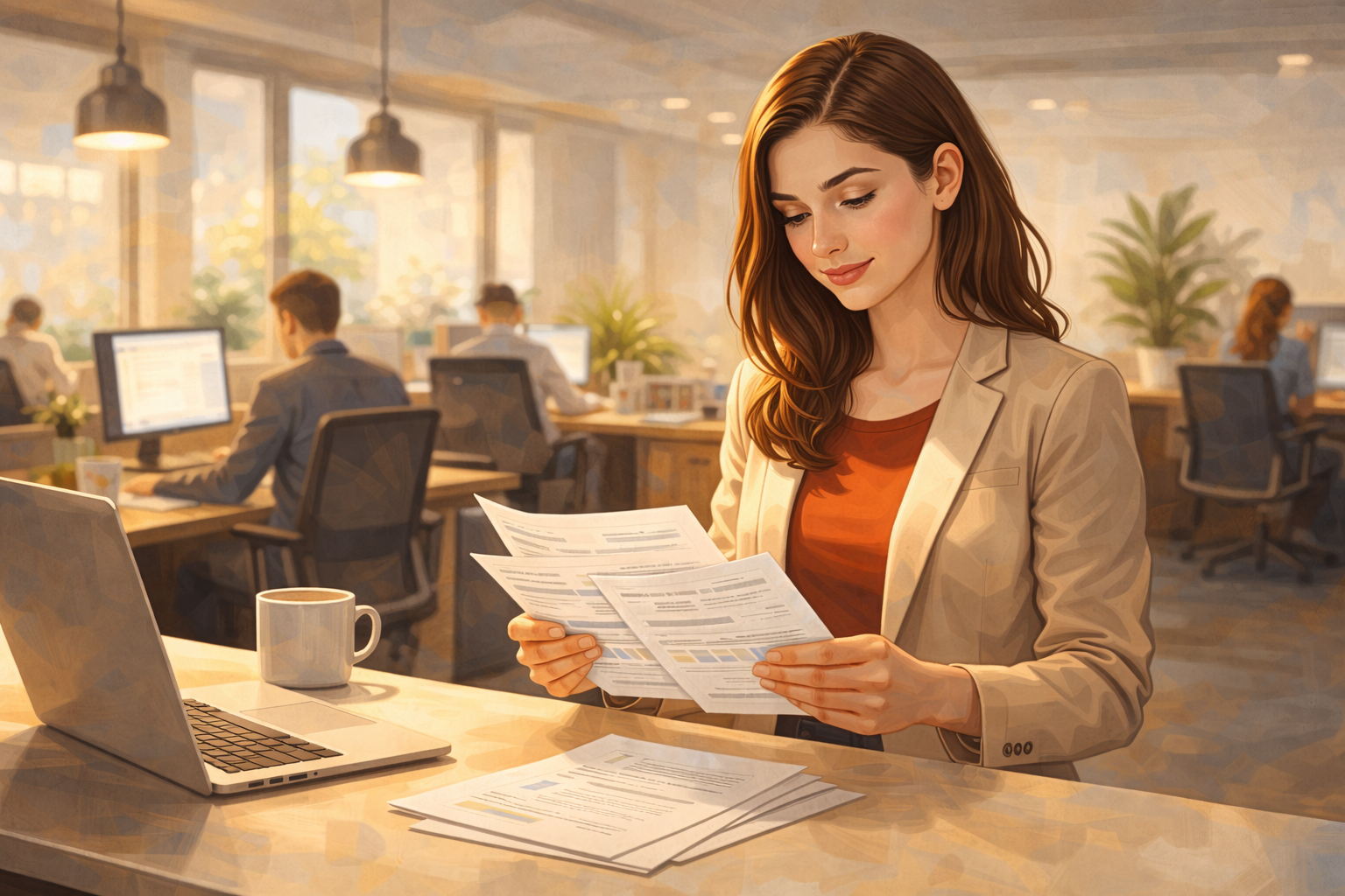 Affiliate manager at a standing desk in a modern office reviewing email printouts, relaxed posture