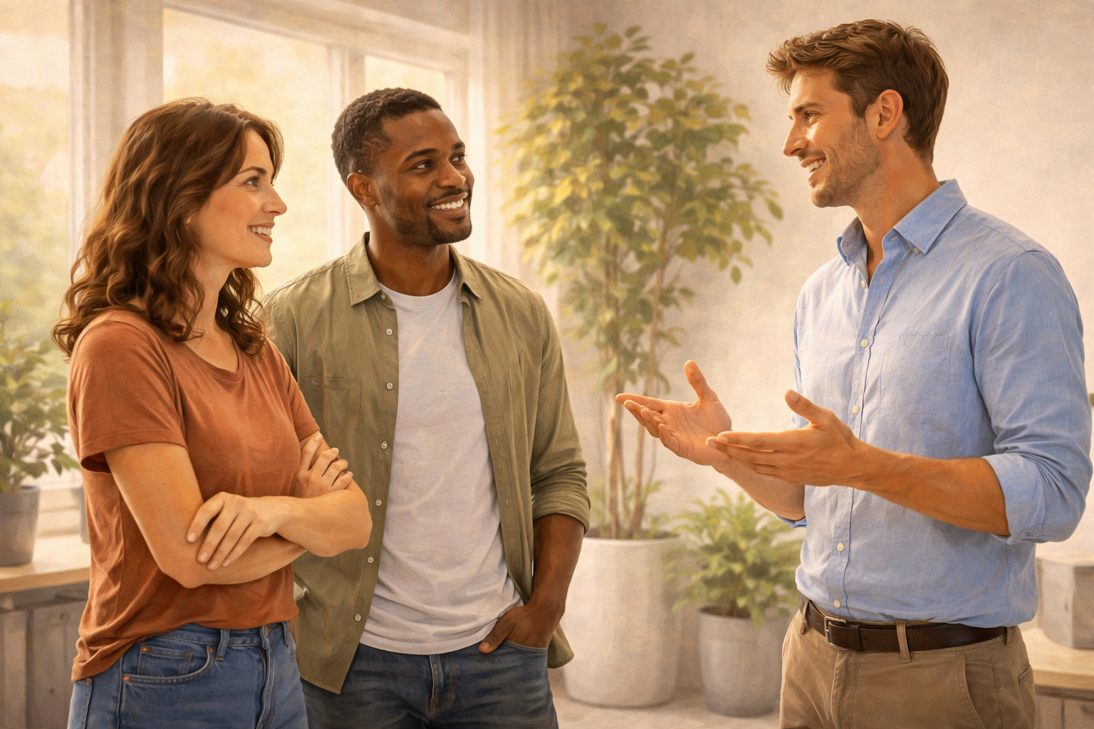 Three colleagues standing in a bright modern office space having a conversation, relaxed and engaged