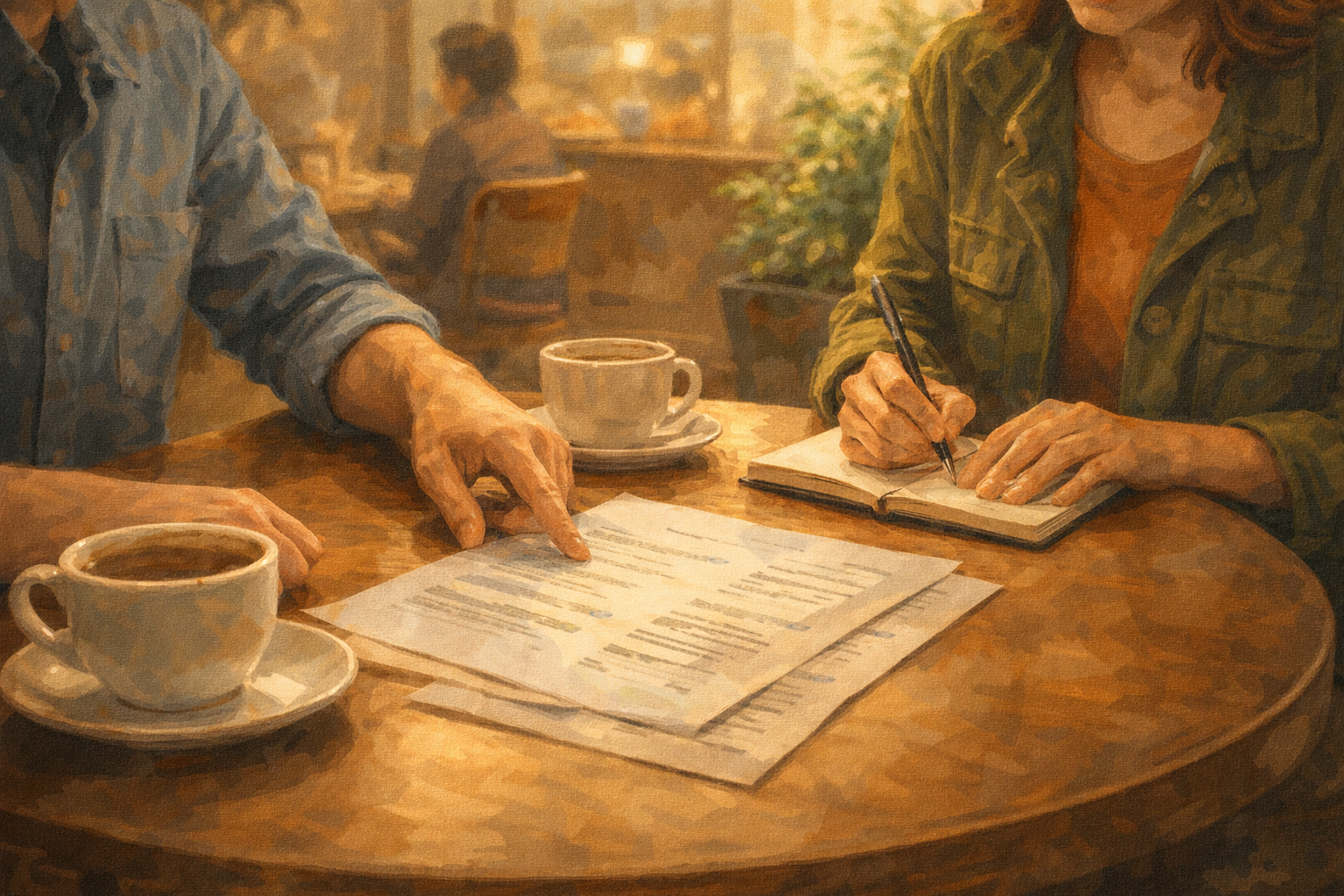 Two people at a coffee shop table, one pointing at a printed document, the other taking notes, warm ambient light, casual setting