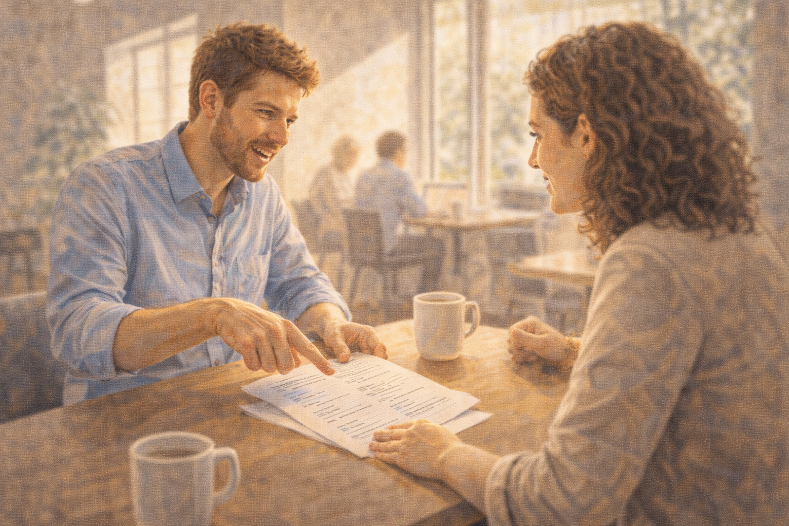 Two people at a cafe table reviewing a printed list of prize options, animated discussion
