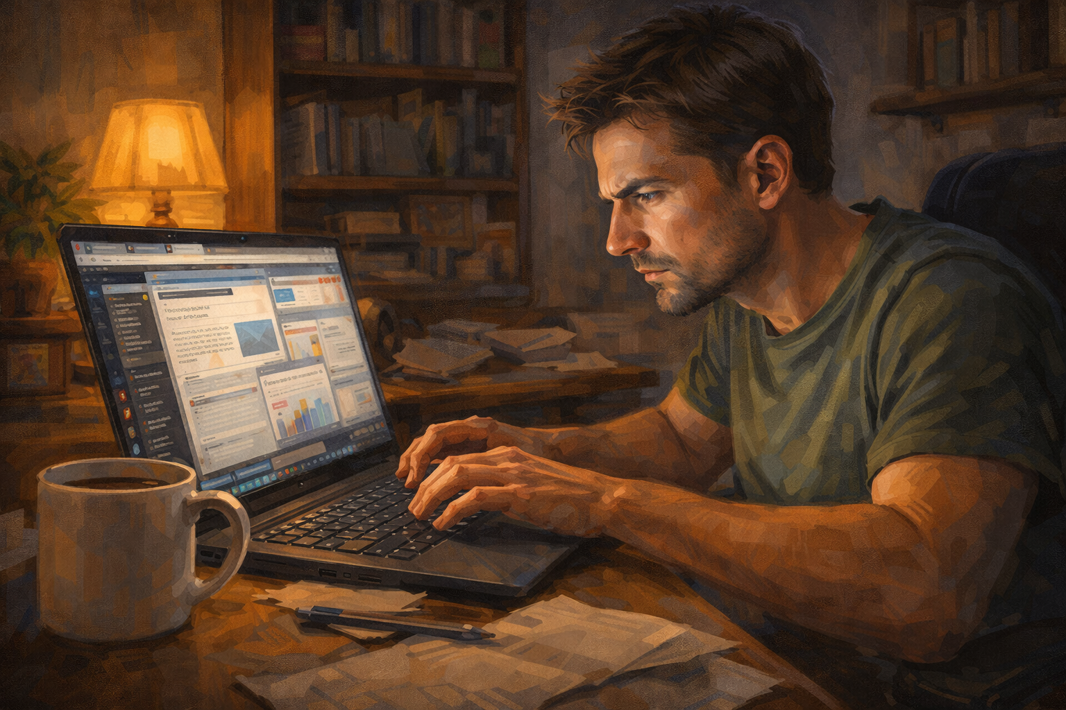 Person typing focused and fast at a laptop keyboard late in the evening, several browser tabs visible on screen