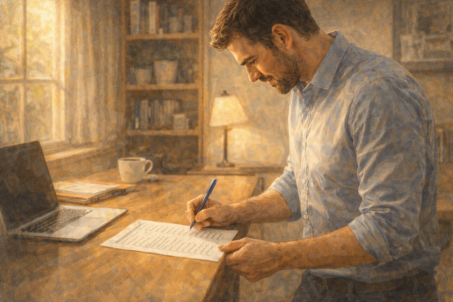 Affiliate manager at a standing desk reviewing a list of inactive affiliate names on a printed report, making notes