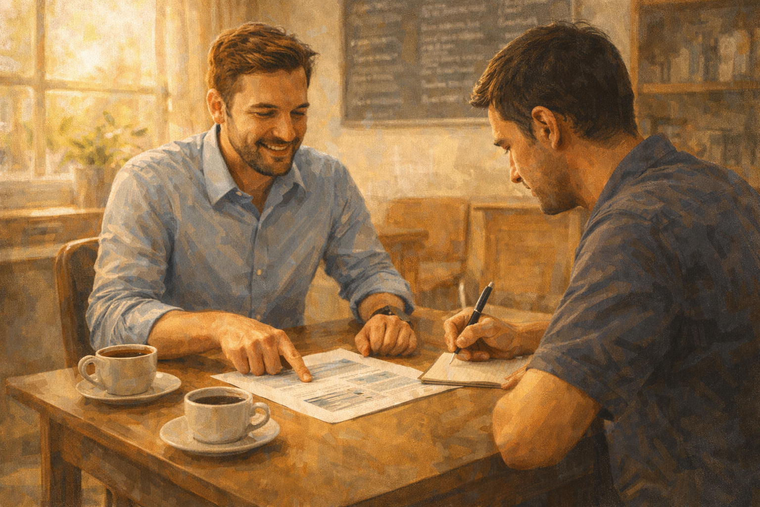 Affiliate manager seated across from an affiliate at a coffee shop table, reviewing a printed promotion plan together