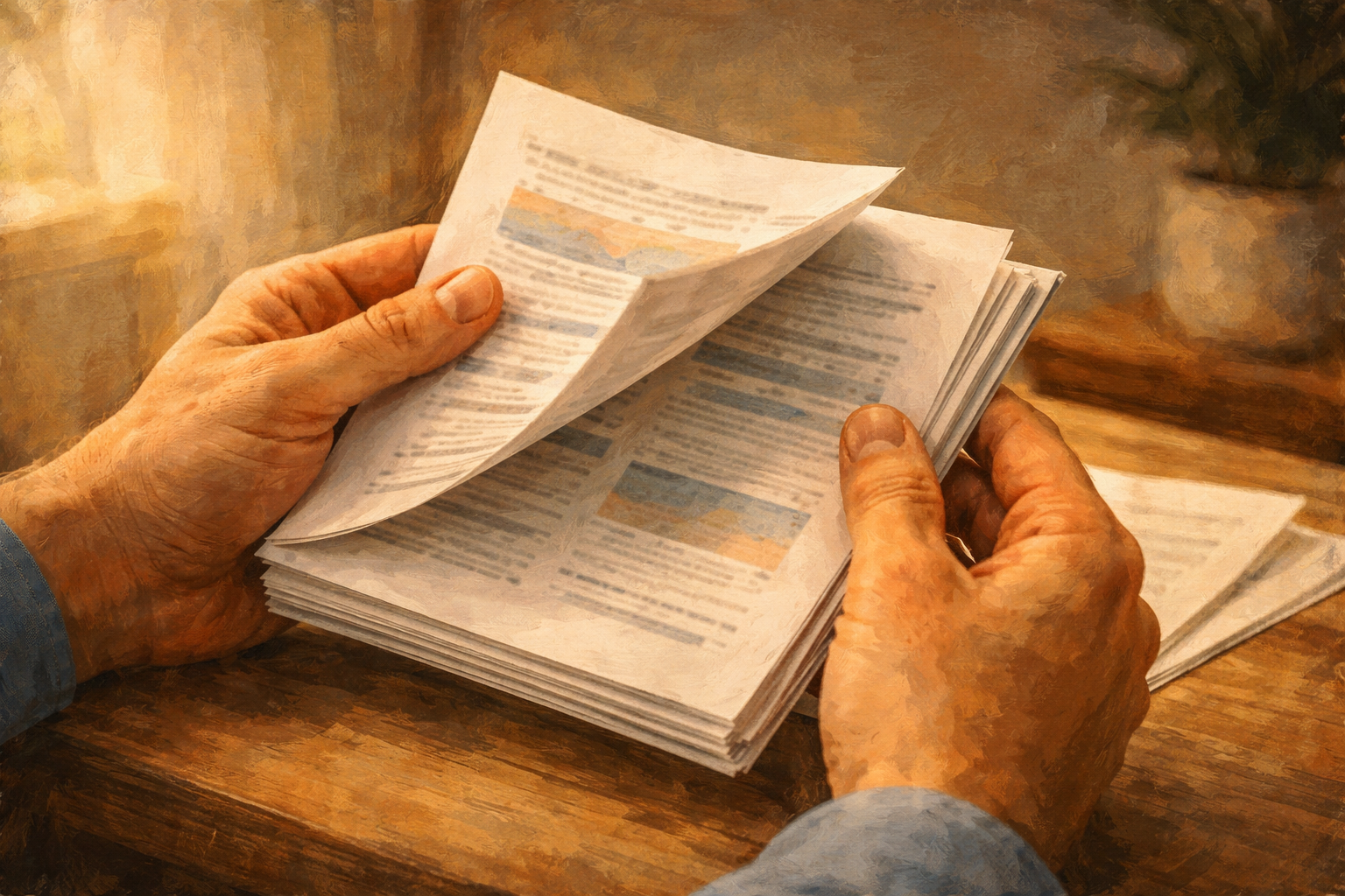 Close-up of hands flipping through a printed packet of affiliate promotional resources and swipe copy templates