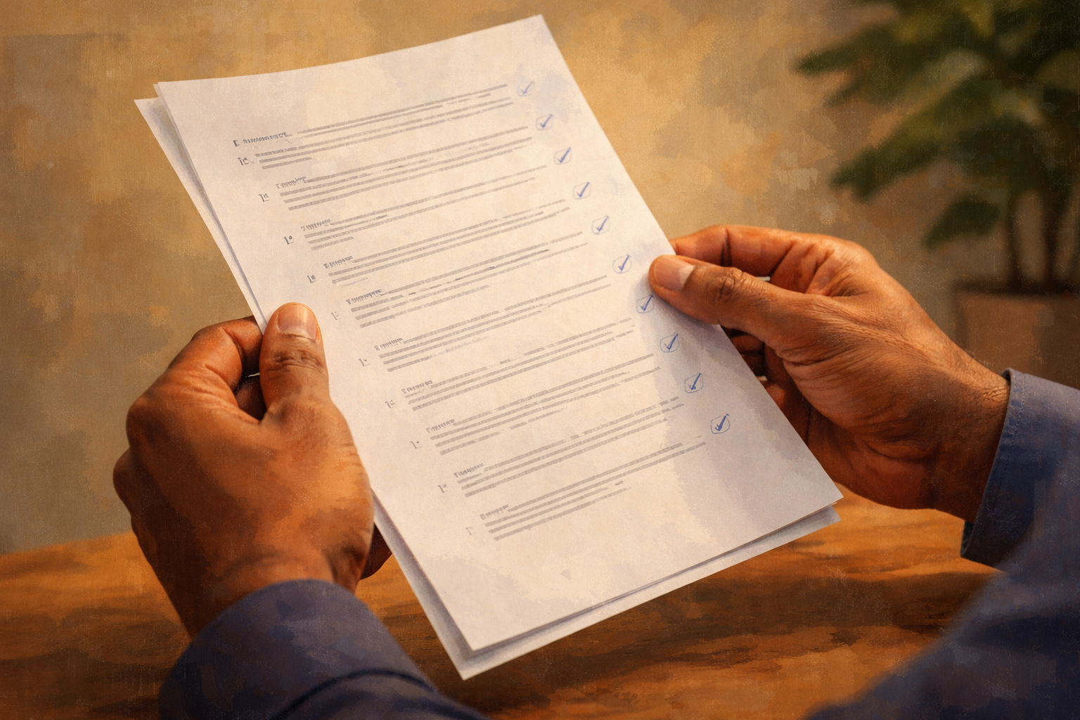 Close-up of two hands holding a printed one-page affiliate quick-start checklist