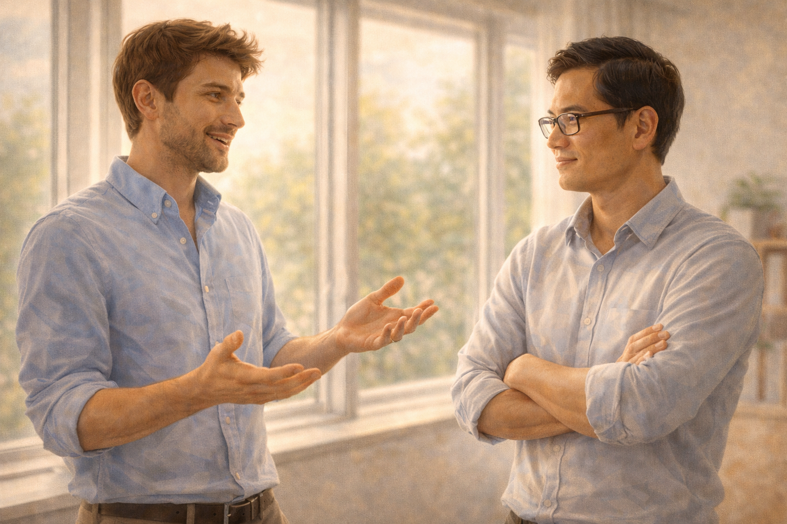 Two colleagues in a casual office conversation near large windows, one gesturing while explaining, green plants visible