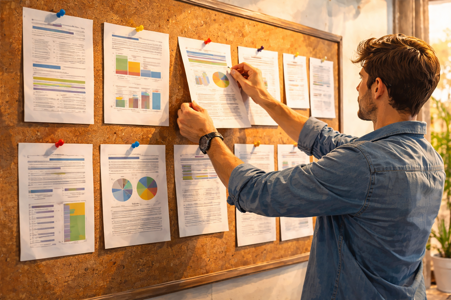 Person pinning printed metrics to a wall board in a modern workspace, side view