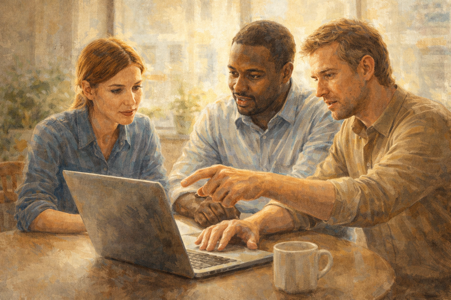 Small team of three people gathered around a laptop in a bright open office, reviewing content together