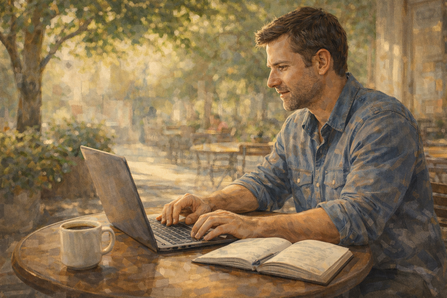 Affiliate manager sitting at an outdoor cafe table with a laptop and notebook, working through a morning routine in relaxed outdoor setting, coffee nearby
