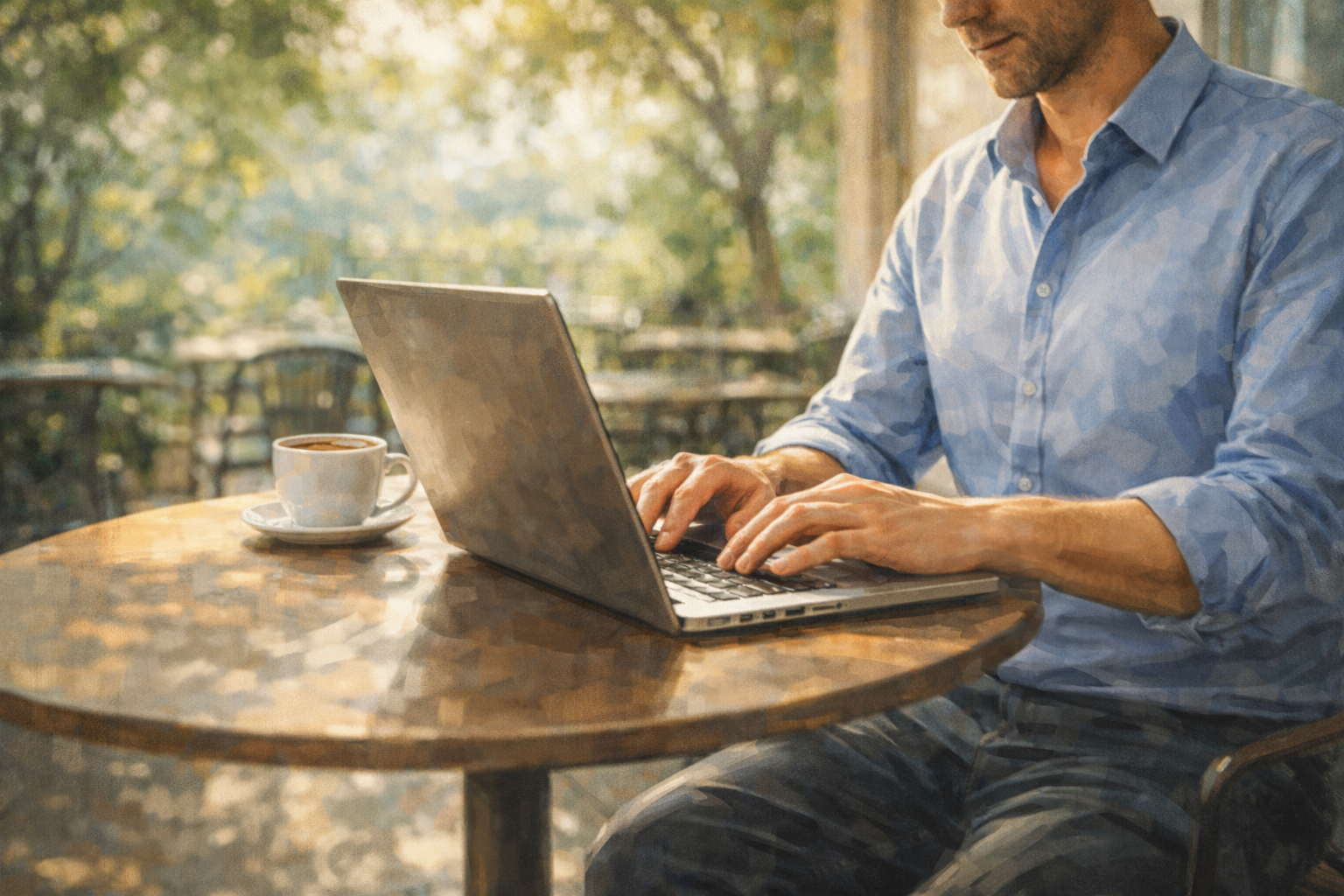 Person sitting at an outdoor cafe table with a laptop, sunlight and greenery in background, relaxed but focused