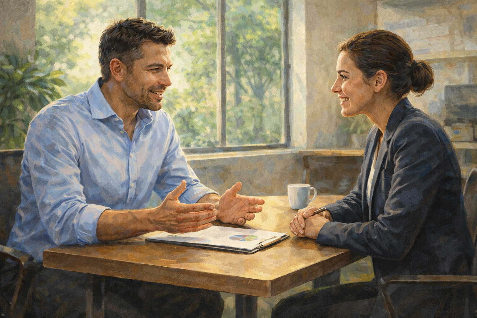 Business owner and a job candidate in a professional interview setting, both leaning forward in conversation across a small table