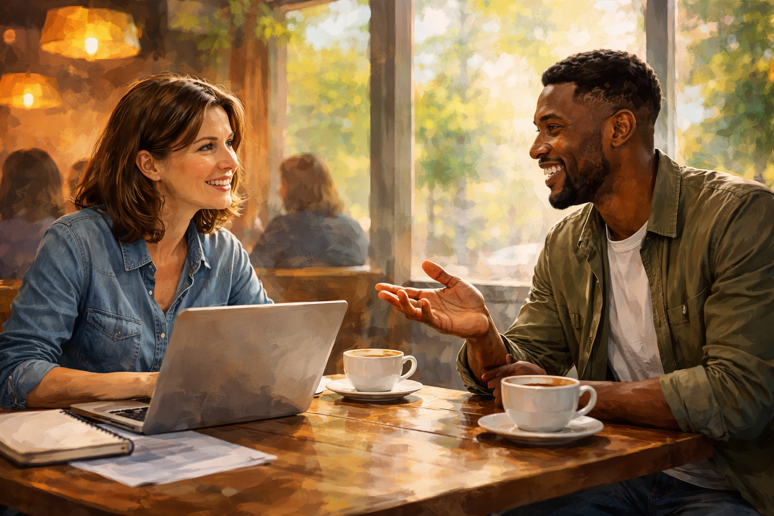 Two people having an engaged conversation at a coffee shop, one with a laptop open on the table