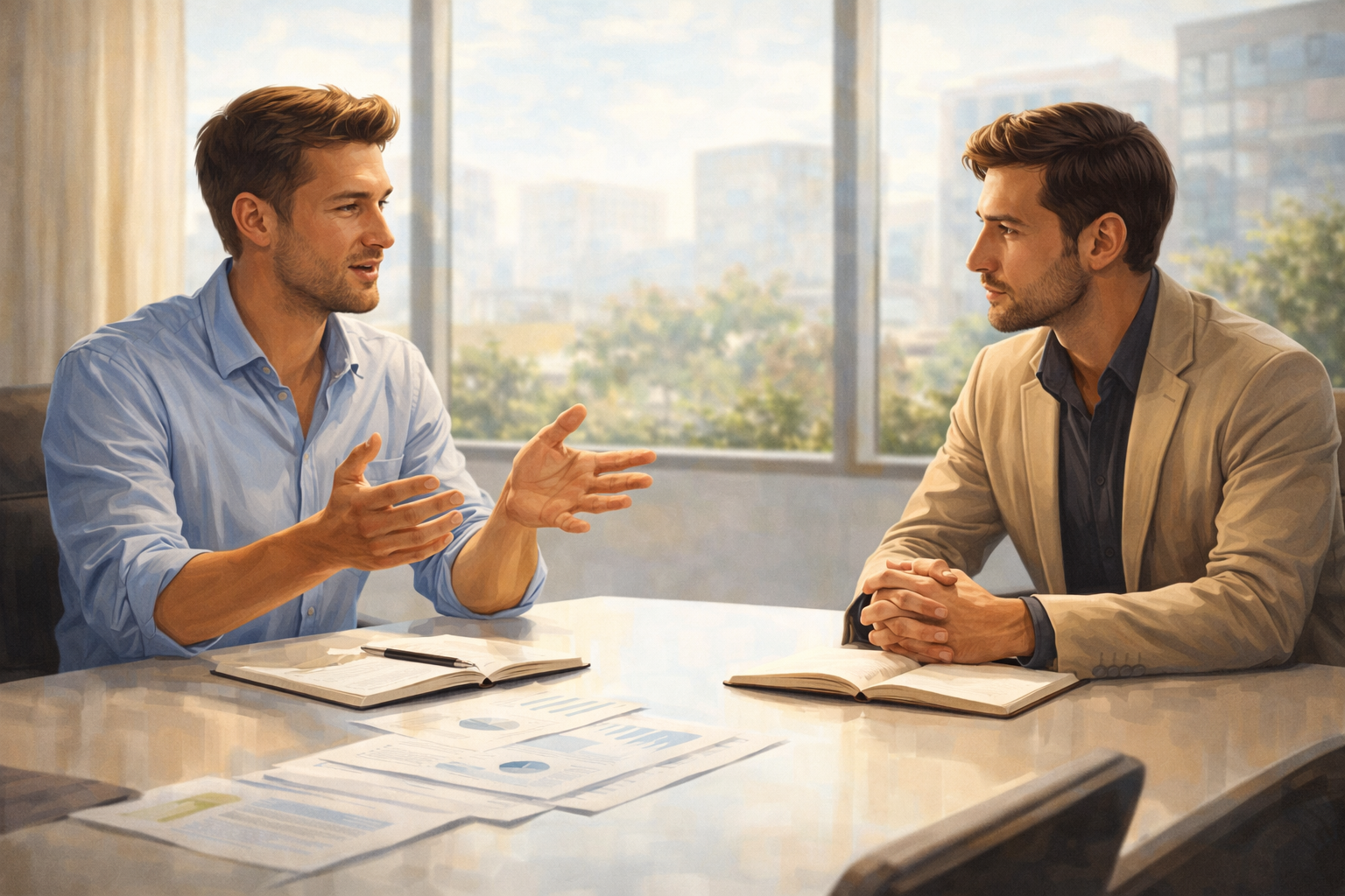 Two colleagues in a bright conference room going over printed reports and notes at a table, relaxed but focused