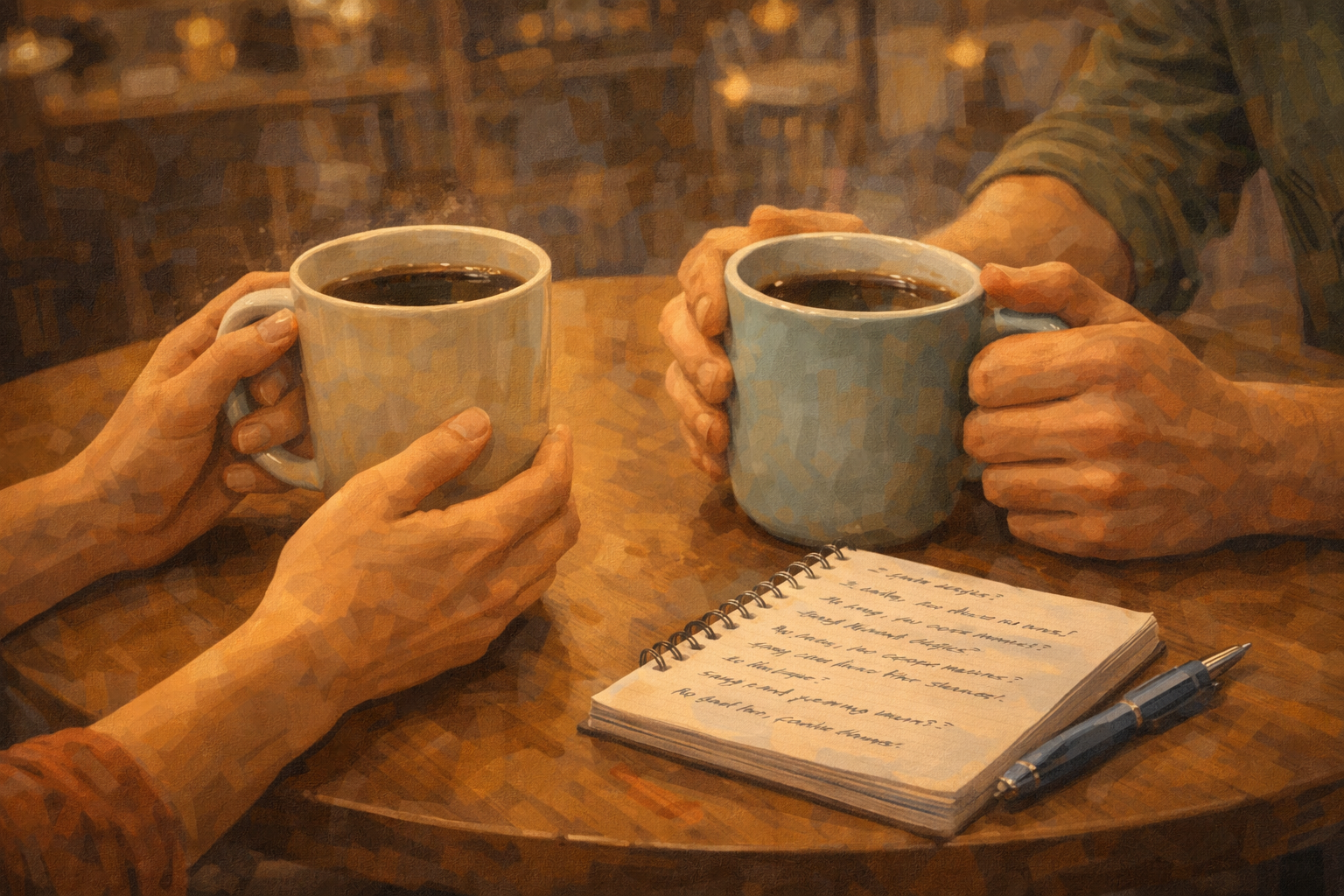 Close-up of two hands holding a coffee cup together across a small table, a notepad with handwritten questions visible on the surface