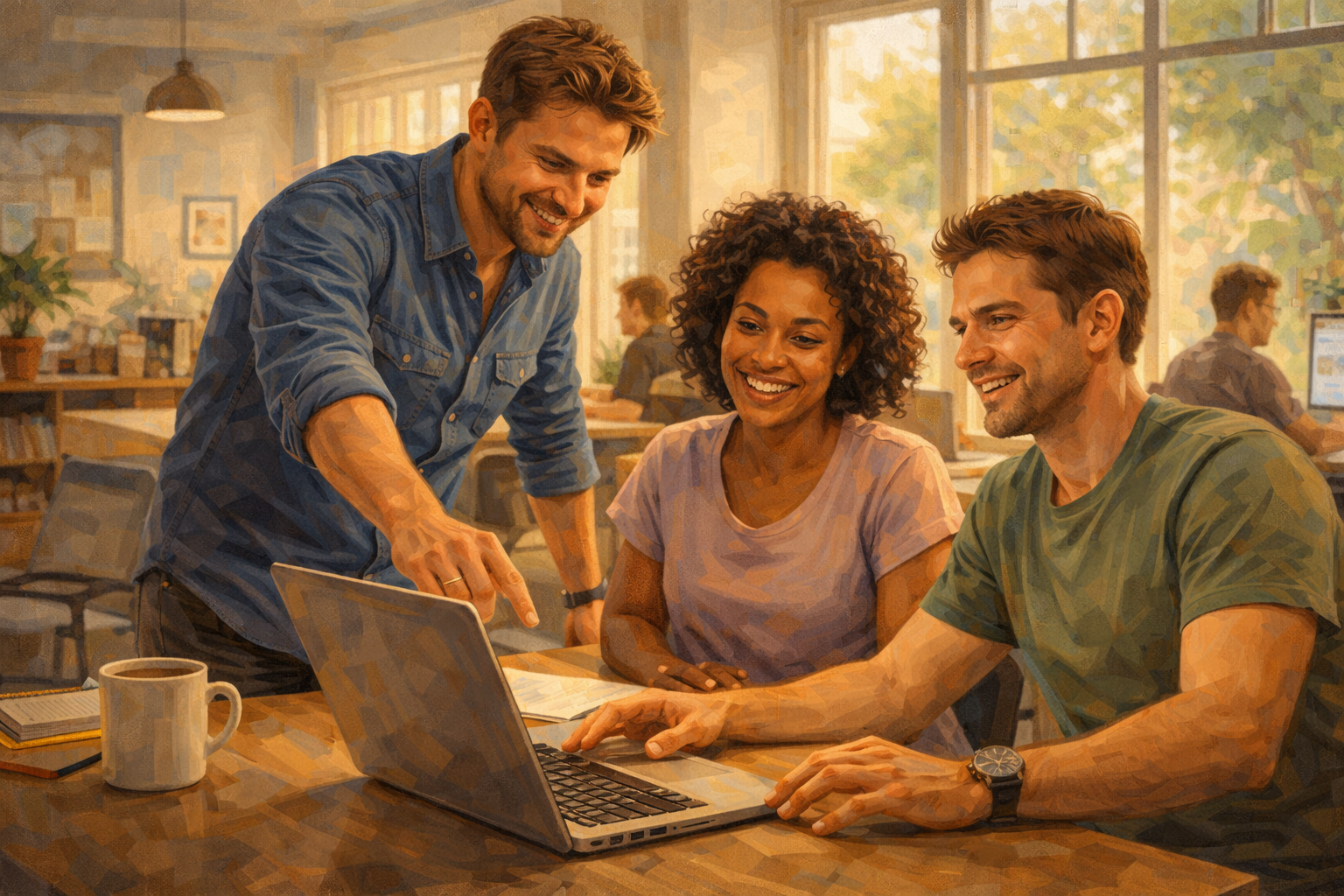 Group of three people in a relaxed coworking space, one standing and pointing at a laptop screen while the other two watch