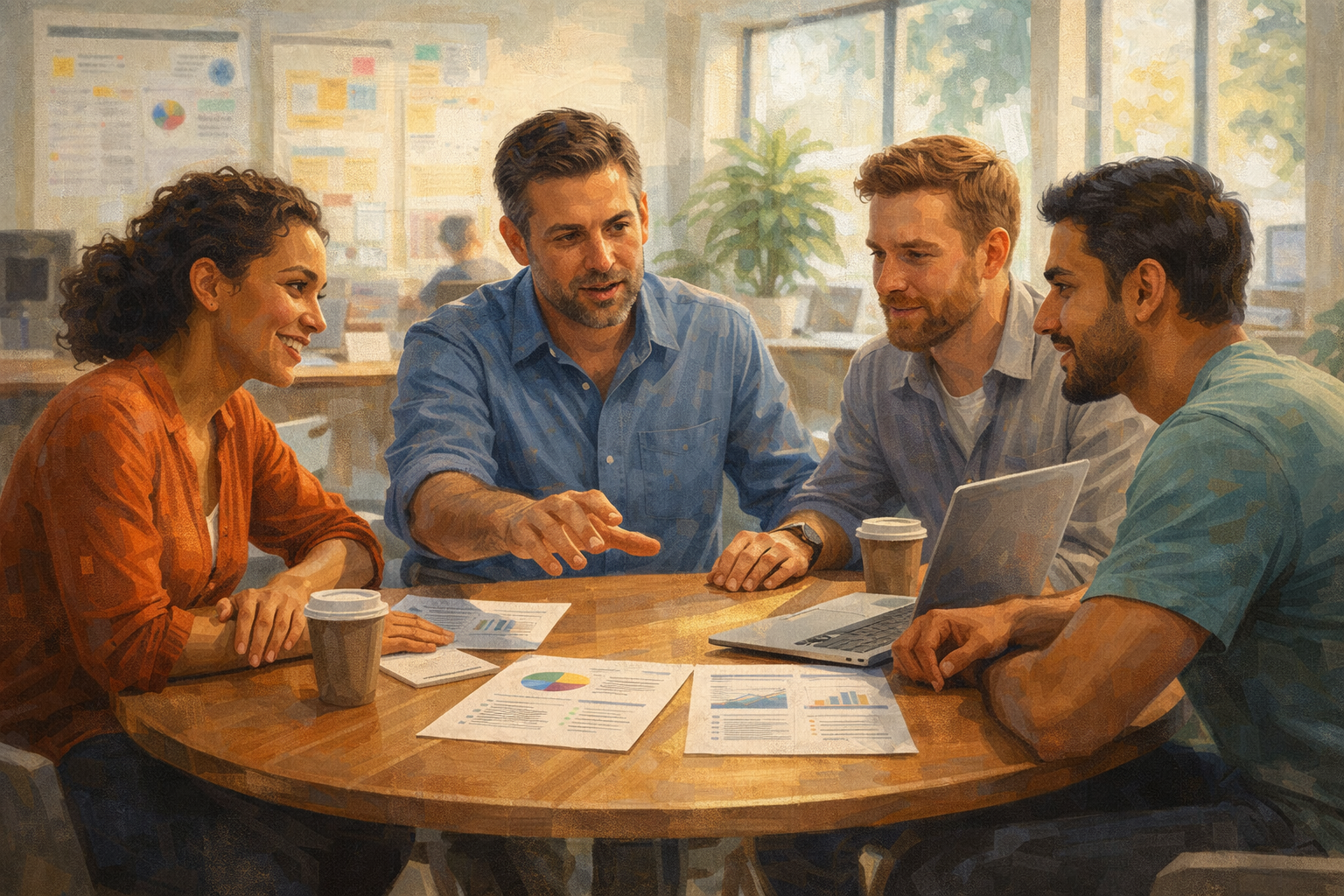 Small group of founders discussing options around a conference table, one person gesturing to a whiteboard