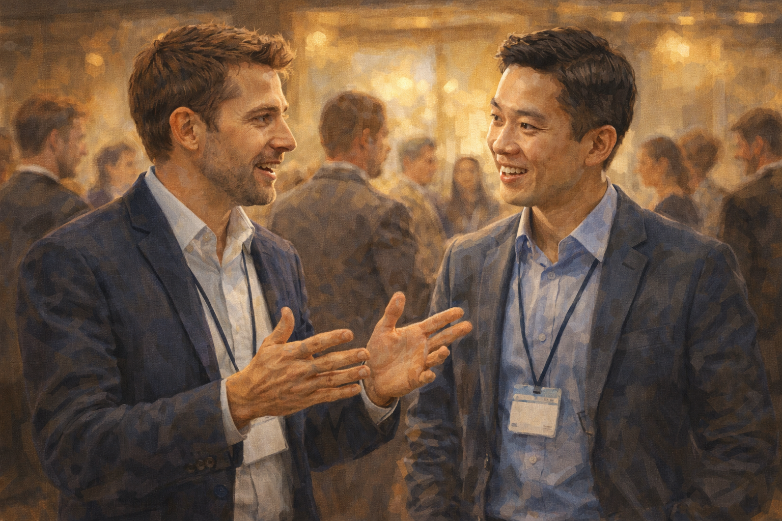 Two professionals in conversation at a networking event, one gesturing while the other listens attentively, warm ambient lighting and people visible in the background