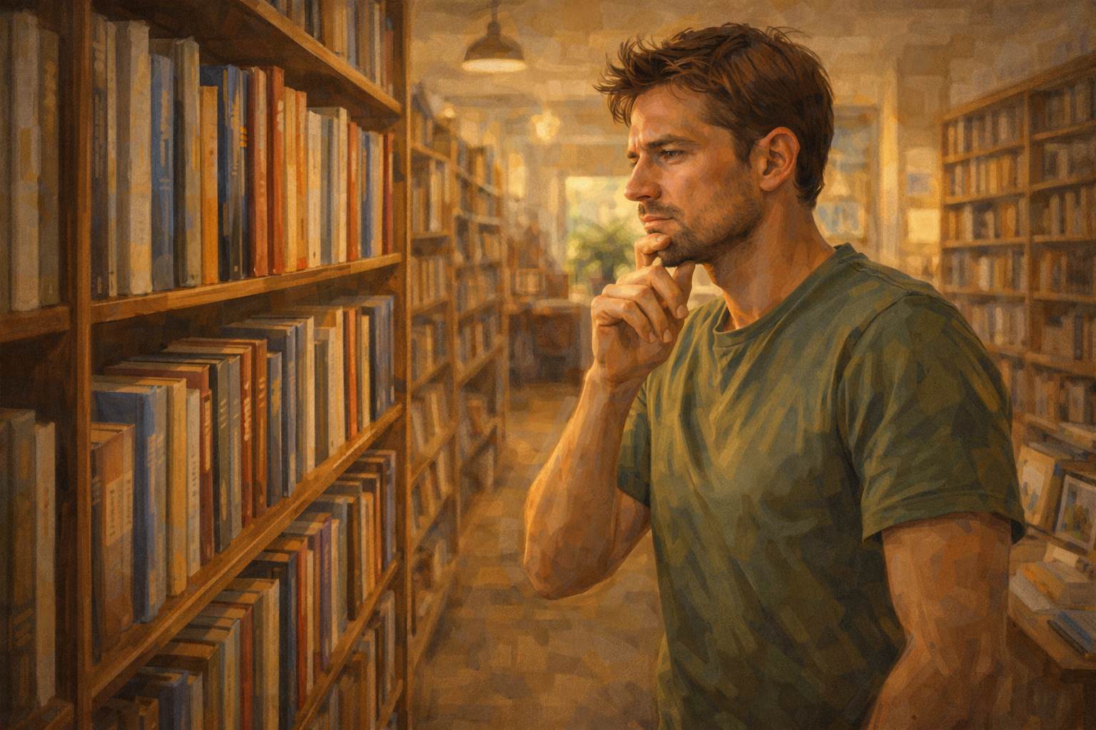 Person standing in a bookstore aisle, looking thoughtfully at a shelf of books, deliberating before choosing one