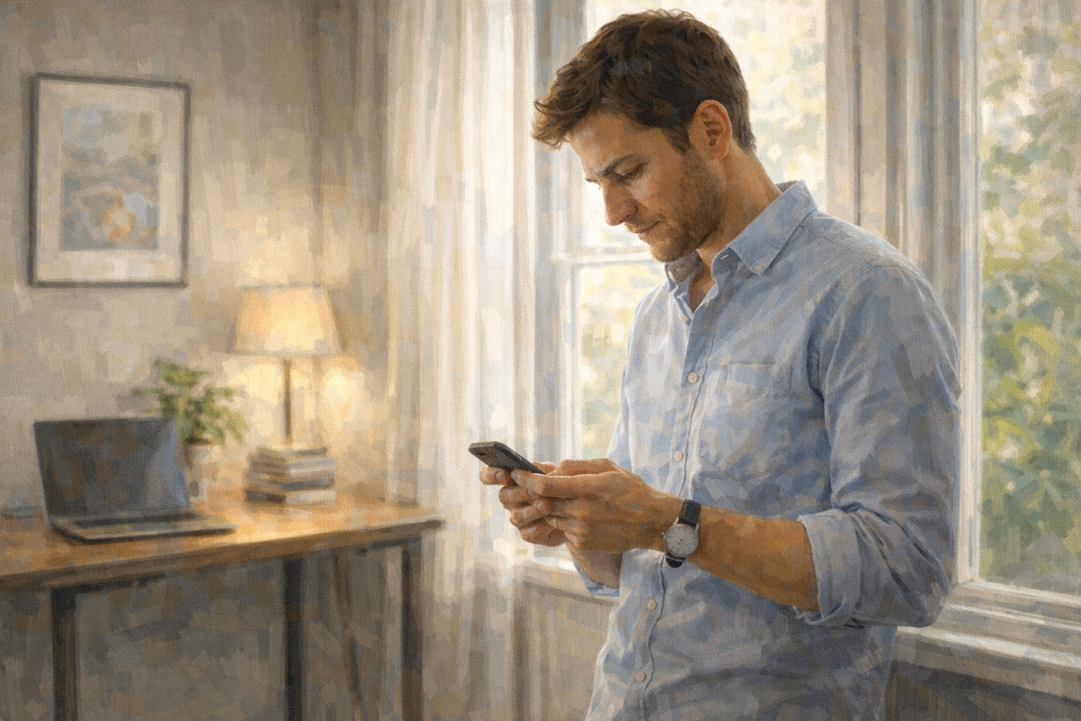 Person standing at a window in a home office, reading something on their phone with a focused expression and morning light behind them