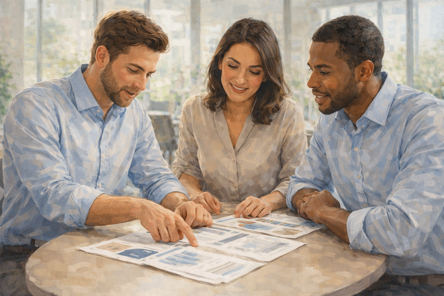 Small team around a table reviewing printed materials together, animated discussion, bright modern office space