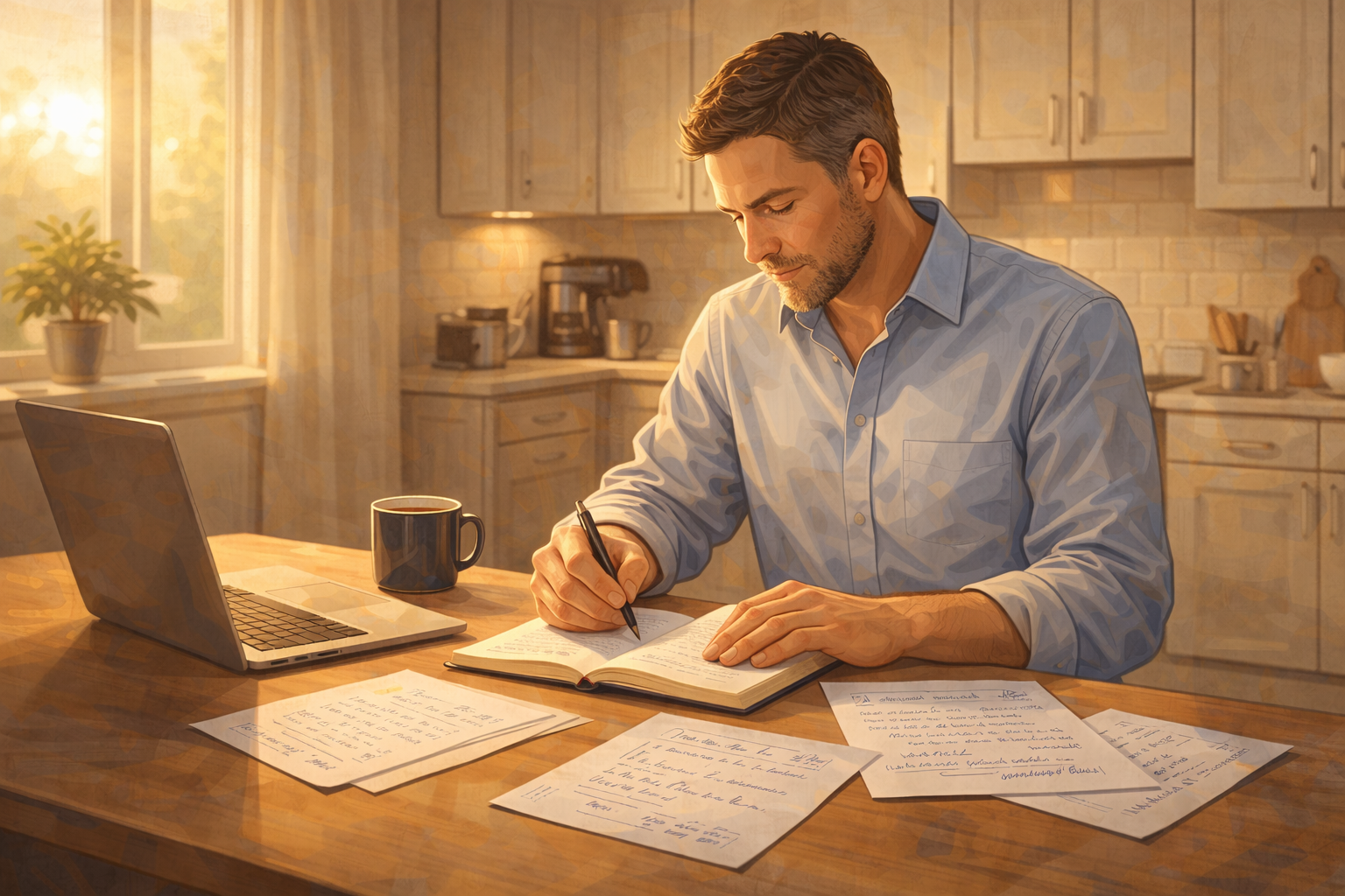 Business owner seated at a kitchen table with handwritten notes spread out, working in early morning light