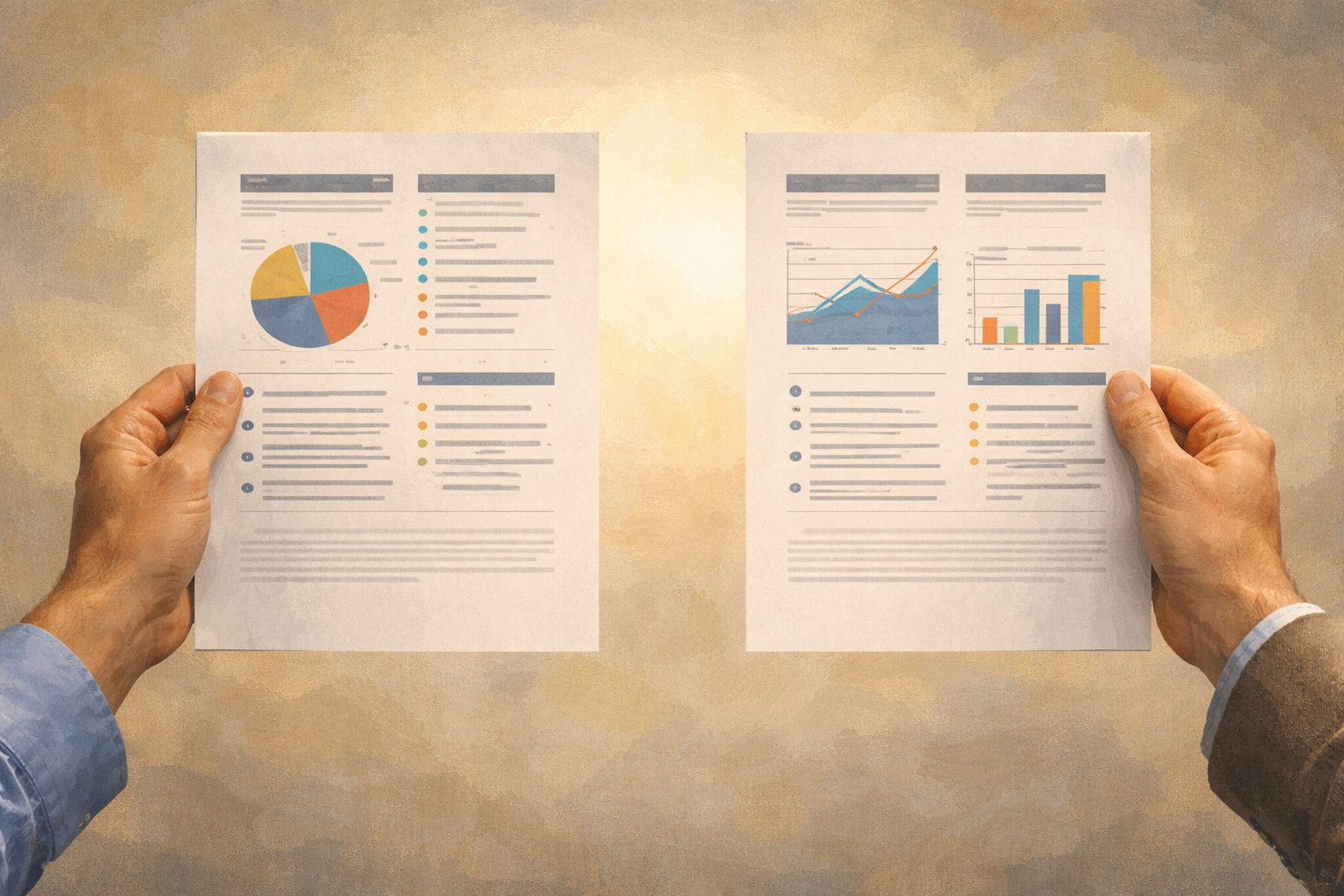 Close-up of two hands, each holding a printed one-page summary, held out side-by-side for comparison against a light background