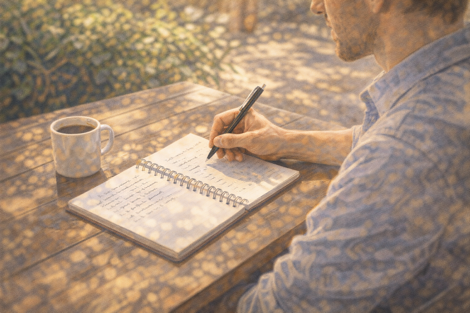 Business owner at an outdoor table with a notebook, writing out a budget plan in afternoon light