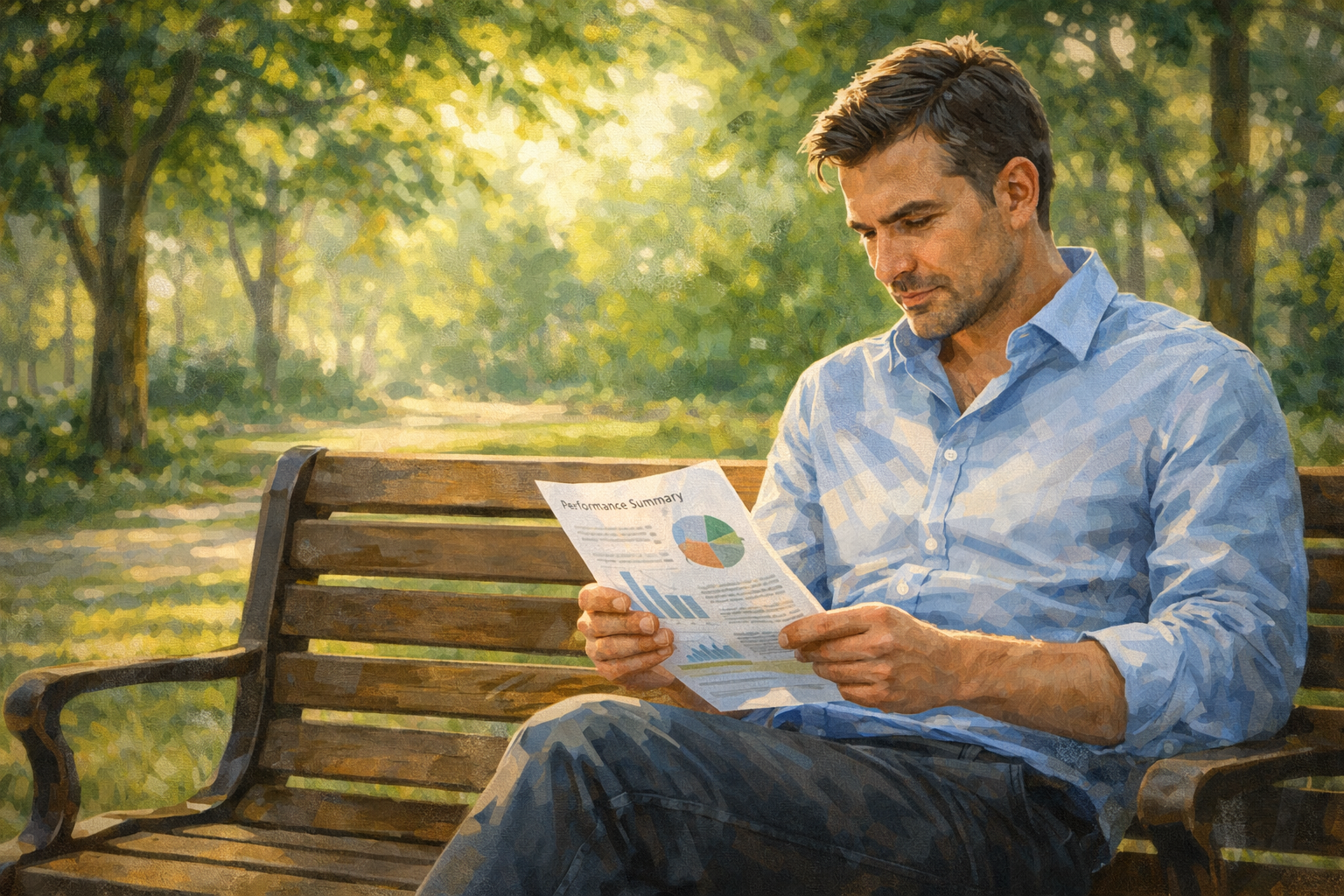 Person reviewing a printed performance summary while seated on a park bench in afternoon sunlight