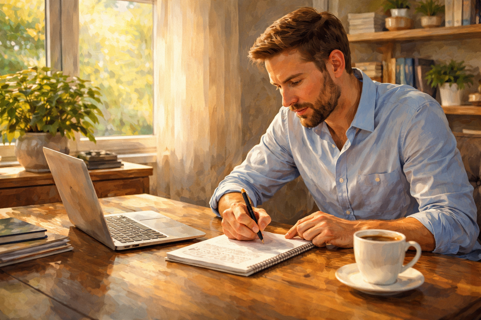 Business owner at a bright home office desk, reviewing a handwritten action plan with a cup of coffee nearby