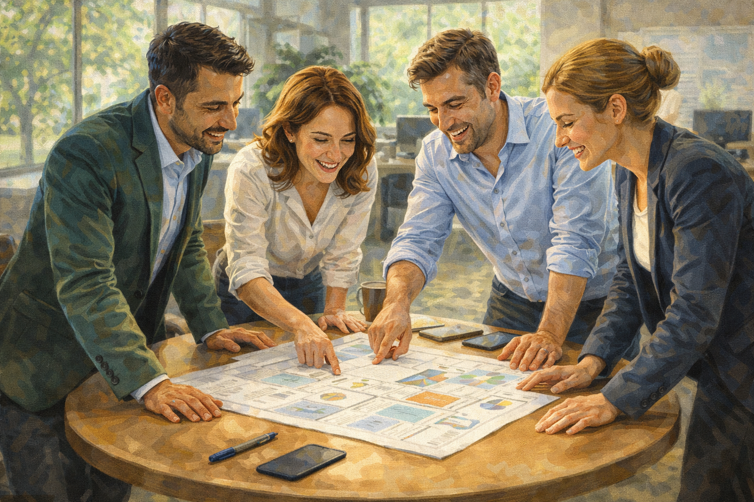 Group of four professionals gathered around a conference table in a bright collaborative workspace, leaning in and reviewing a plan together