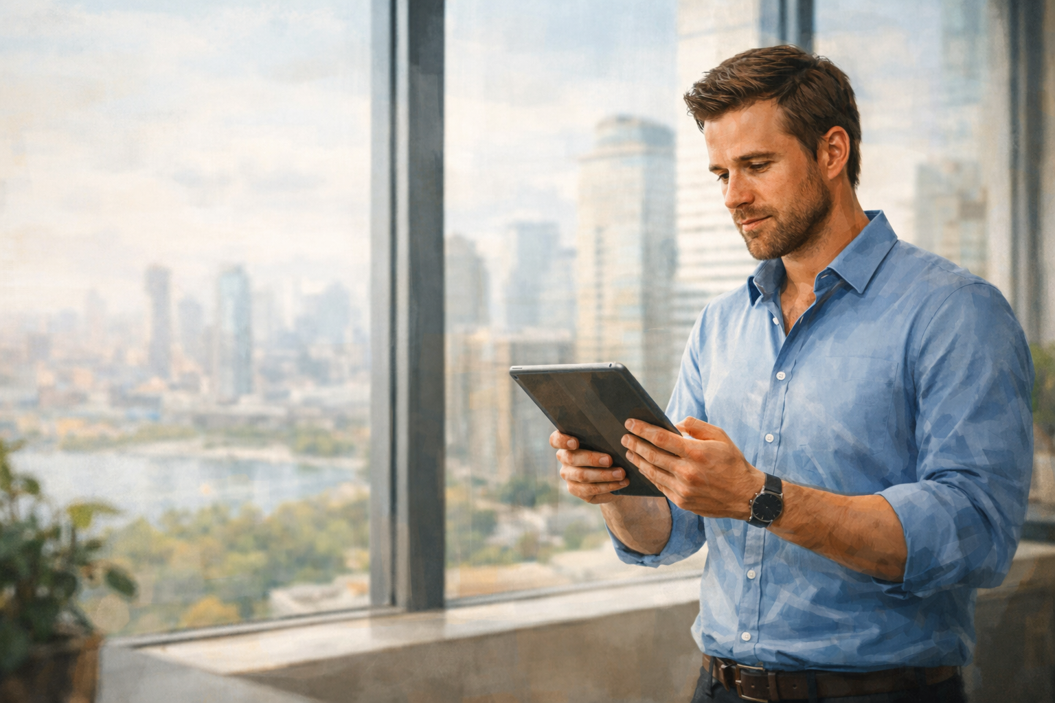 Affiliate manager standing at a window reviewing reports on a tablet