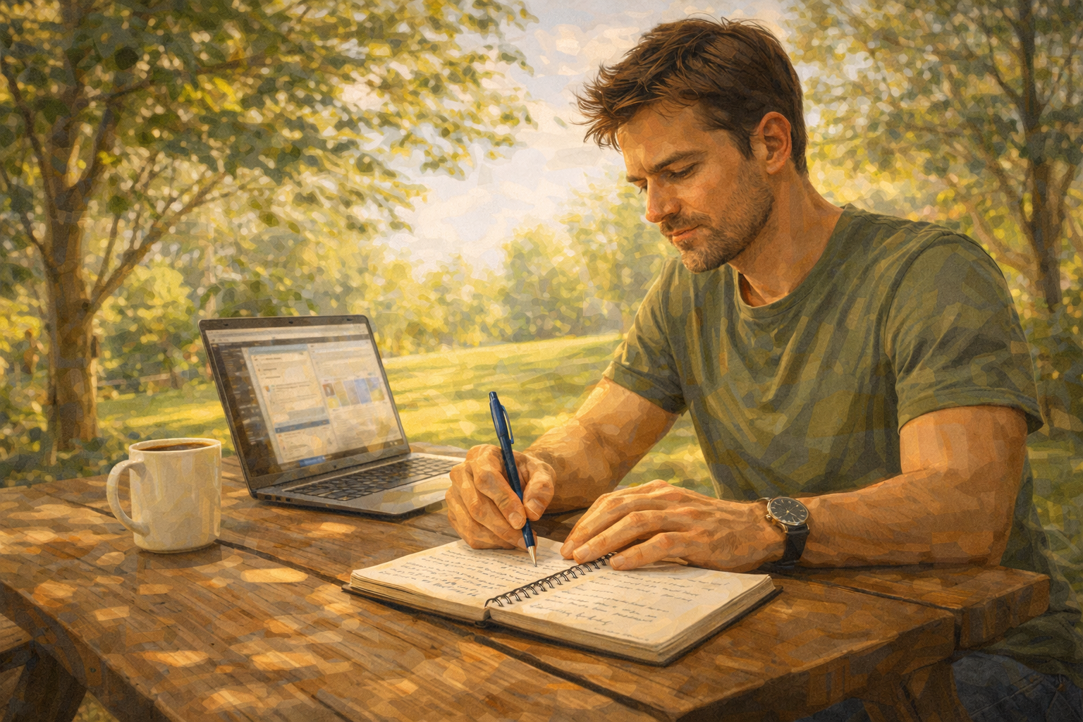 Affiliate marketer outdoors at a picnic table with a notebook and pen, planning with handwritten notes in the sunshine